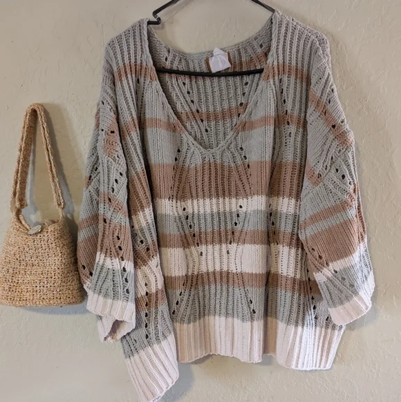 POL V-Neck Striped Sweater -Desert Sage Camel& Cream Cozy Soft Dropped Shoulder - Picture 8 of 13